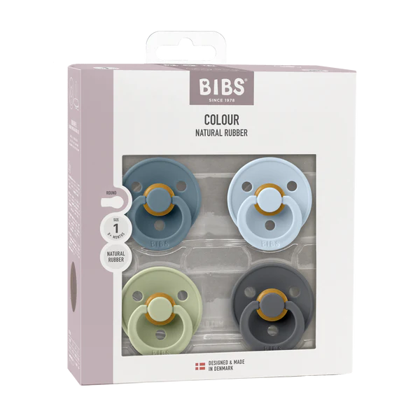 BIBS Colour Round Latex Pacifier 4-Pack (Petrol/Sage/Baby Blue/Iron)