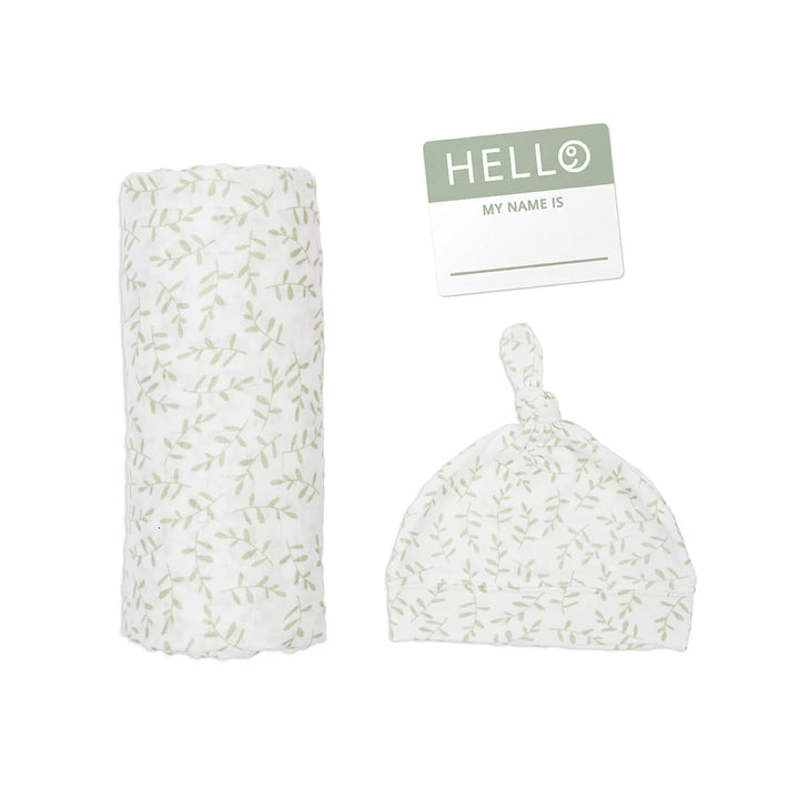 Lulujo Hello World Swaddling Blanket & Hat Set (Greenery)