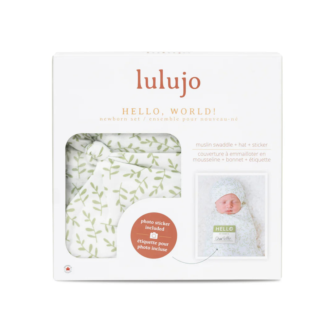 Lulujo Hello World Swaddling Blanket & Hat Set (Greenery)