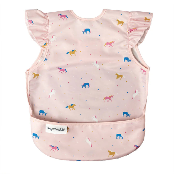 Tiny Twinkle Mess-Proof Ruffle Apron Bib (Unicorn Confetti)