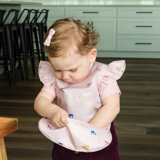 Tiny Twinkle Mess-Proof Ruffle Apron Bib (Unicorn Confetti)