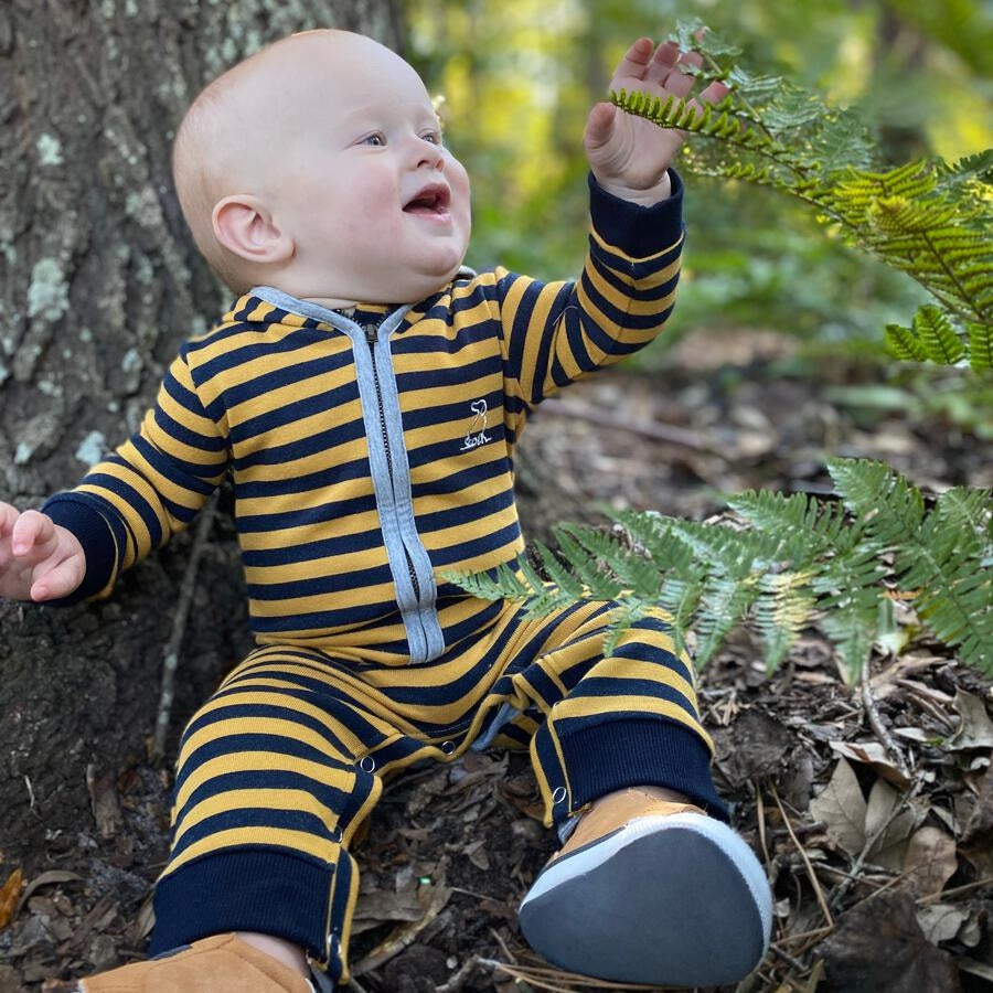 Me & Henry Blaine Hooded Romper (Mustard Stripe)-Apparel-Me & Henry--babyandme.ca